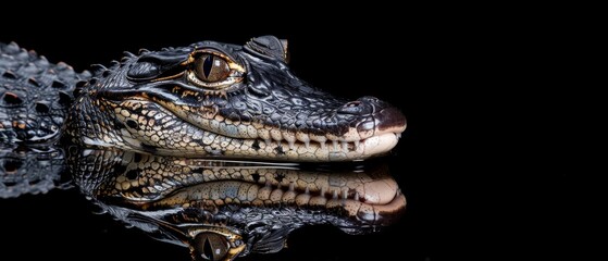 Obraz premium A cropped photo of an alligator's face, set against a dark background and mirrored in the water below