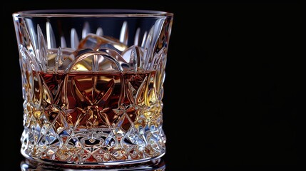  Close-up glass with liquid on reflective surface against black background