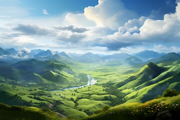 A wide-angle vista showcasing the breathtaking beauty of endless green hills merging with a magnificent mountainous landscape. - obrazy, fototapety, plakaty