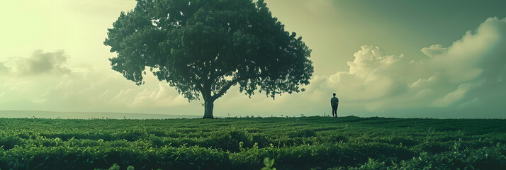 a man standing next to a tree on top of a lush green field with a person standing next to it. - Powered by Adobe