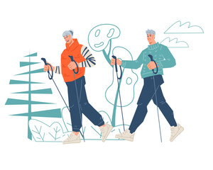 Elderly couple engaging in Nordic walking, low-impact sport and fitness activity for seniors. Elderly people doing sports training outdoors, flat vector illustration isolated on white background.