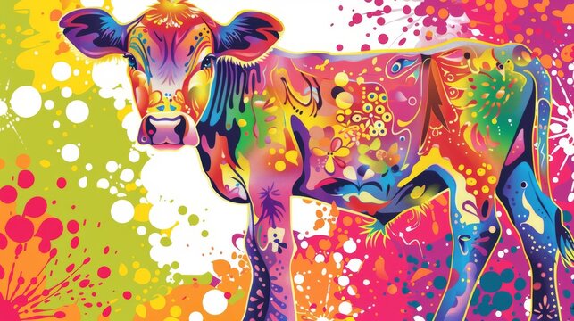  A cow, painted with vibrant colors, stands amidst the canvas of scattered splatters