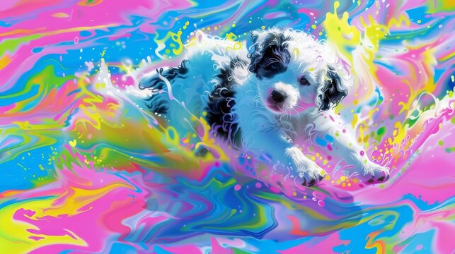  A dog swimming in a pool with a splash of paint on its face