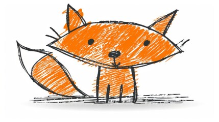 Fototapeta premium A child's artwork of a fox, depicted with an orange tail and outlined in black against a white background