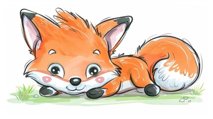 Fototapeta premium Draw a small fox lying down, head resting on the ground, eyes shut tight