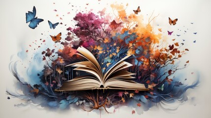A captivating explosion of colorful abstract art emerging from the pages of an open book, symbolizing creativity and imagination. - obrazy, fototapety, plakaty