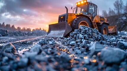 Bulldozer in action, moving rocks to form a pile at a construction site for new development groundwork - obrazy, fototapety, plakaty