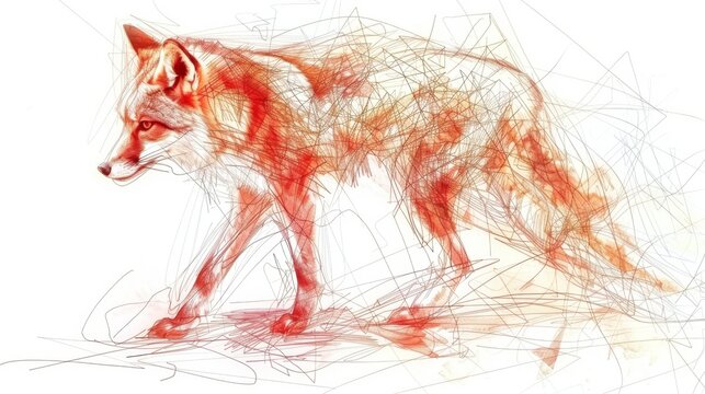  Fox drawing in red, orange on white background with different line sizes & shapes