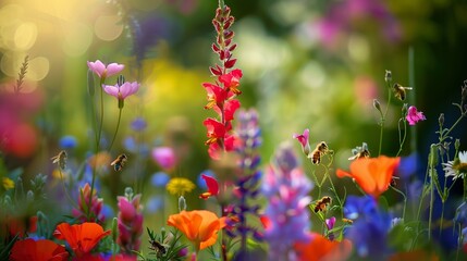 Flowers and bees in the garden