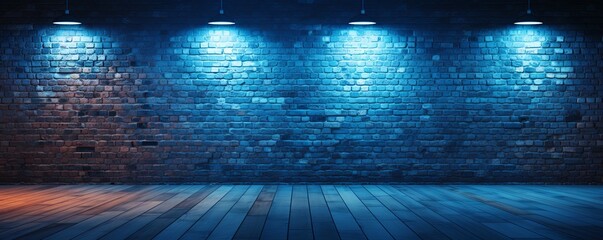 Room with brick wall and blue lights background