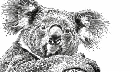 Fototapeta premium A grayscale illustration of a baby koala with its head resting on the arm of a mature koala