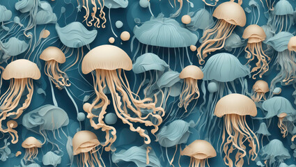 group of underwater jellyfish with long tentacles in paper art style on a colored background in blue and beige tones - obrazy, fototapety, plakaty