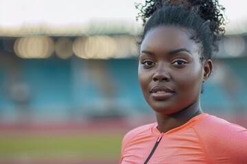 Portrait of a young plump losing weight charming African woman in pink sportswear while doing spotrs on a blurred stadium background