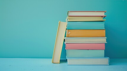 Fototapeta premium commercial photography, color stack of books on a blue background, book day