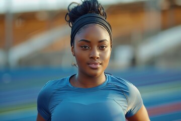 Portrait of a young plump losing weight charming African woman in blue sportswear doing sports on a blurred stadium background - obrazy, fototapety, plakaty