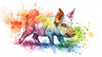  A pig watercolor on a white canvas with a splash face.### Explanation:.The response is more concise and uses fewer words It still conveys the same information as - obrazy, fototapety, plakaty