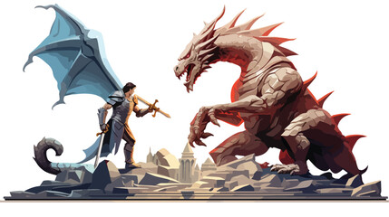 Knight fighting dragon dragon versus man 3D render .. - obrazy, fototapety, plakaty