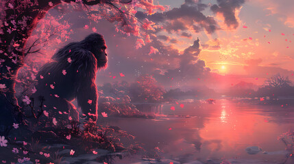 Bigfoot Gorilla Watching Sunset in cherry blossom trees and forest and beautiful lake - obrazy, fototapety, plakaty