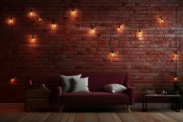 Room with brick wall and burgundy lights background - obrazy, fototapety, plakaty