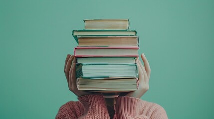commercial photography, a stack of books holding a man's hands, book day - obrazy, fototapety, plakaty