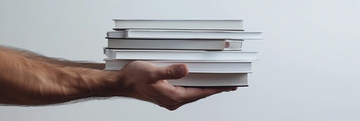 commercial photography, a stack of books holding a man's hands, book day - obrazy, fototapety, plakaty