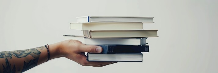 commercial photography, a stack of books holding a man's hands, book day - obrazy, fototapety, plakaty