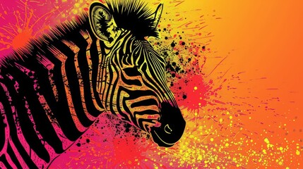Fototapeta premium A zebra against an orange-pink-yellow-pink backdrop with splatters of paint