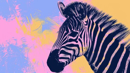 Fototapeta premium A close-up of a zebra's head with pink and blue, yellow and pink and yellow background