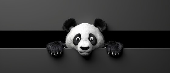 Fototapeta premium A black-and-white photo shows a panda bear emerging from behind a black wall with a thin border