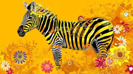 Fototapeta na wymiar Zebra in Yellow Field with Flowers