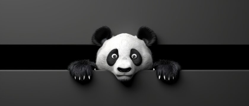  A black-and-white photo shows a panda bear emerging from behind a black wall with a thin border