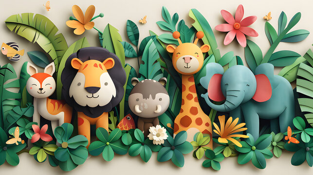 A festive scene featuring Animal Zoo, lion, elephant, giraffe, deer,, bird, butterfly, forest nature flower