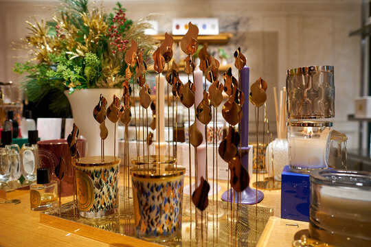 HONG KONG, CHINA - DECEMBER 05, 2023: candles on display at Diptyque store in Harbour City. Harbour City is a shopping centre in Tsim Sha Tsui, Kowloon.