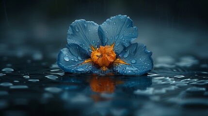  A blue flower atop water with droplets