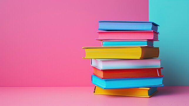commercial photography, colored stack of books on a pink background, book day