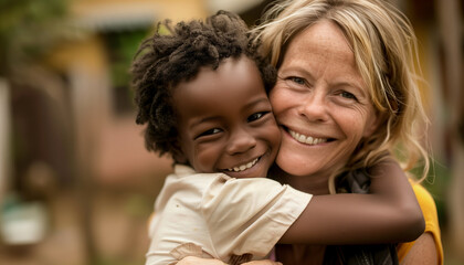 A Caucasian female in her forties hugging a smiling black child - obrazy, fototapety, plakaty