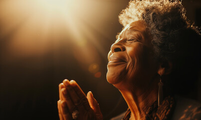 Old black christian woman praying and smiling. Faith and christianity concept. - obrazy, fototapety, plakaty