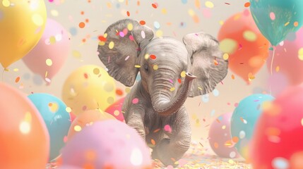 Children's birthday concept. A cute baby elephant with confetti and colorful balloons.