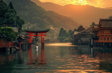 Fototapeten A beautiful landscape photo of the red torii gate © Kien