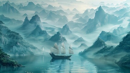 Chinese tunnel art, Morandi palette, kirigami craft, minimalist vector. Ancient boat in river between mountains. Trending Artstation, vanilla oil colors