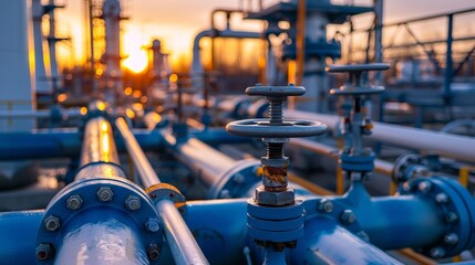 Pipe line valves and fittings at sunset on the industrial background. - obrazy, fototapety, plakaty