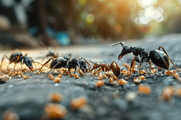 Ants eating termites on the ground. - obrazy, fototapety, plakaty