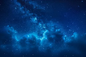 Foto op Aluminium Panorama blue night sky milky way and star on dark background.Universe filled with stars, nebula and galaxy with noise and grain.with blur shadow. © kvdkz