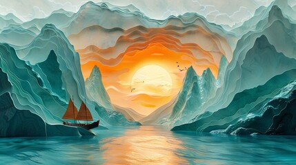 Chinese tunnel art, Morandi palette, kirigami craft, minimalist vector. Ancient boat in river between mountains. Trending Artstation, vanilla oil colors - obrazy, fototapety, plakaty