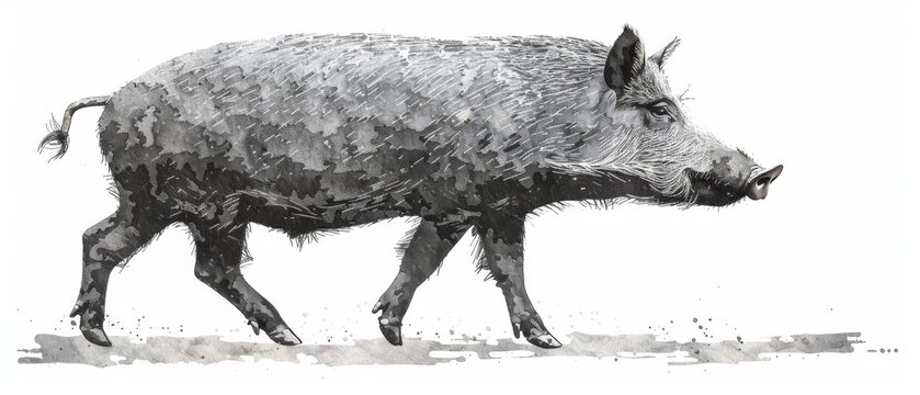  Black & White sketch of wild boar on white background w/ splash paint