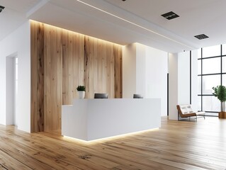 White reception counter standing against wooden wall in modern office interior.
