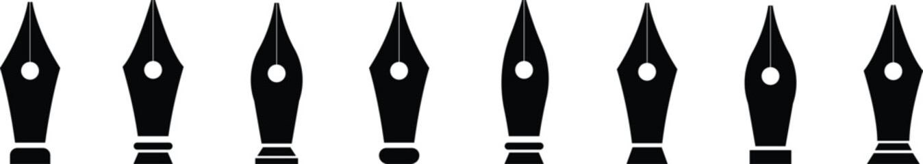 pen nib icon set on transparent background, Vector Element Can Be Used For Nib, Feather, Pen Design Concept from education collection. calligraphy fountain nib pen vector symbol in black filled style,