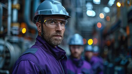 Serious male worker with industrial backdrop - A stern-looking male worker in a purple uniform with a helmet against a blurred industrial setting