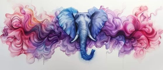 Foto op Aluminium  An elephant depicted in a painting, exhaling smoke in shades of pink, purple, and blue from its tusks © Wall