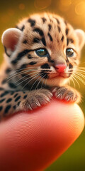 Cuteness. Tiny leopard cub sits on human finger. Background in blur from animal's natural habitat. Wallpaper for your phone screensaver